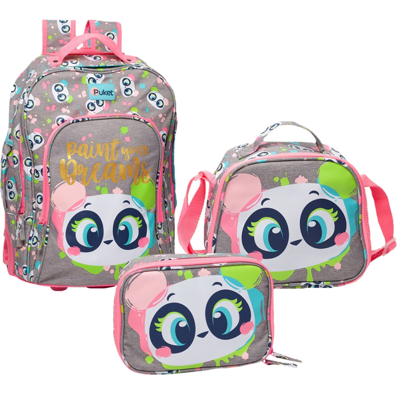 Conjunto de mochila lancheira e estojo