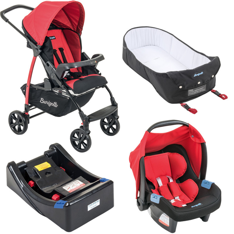 Carrinho bebê burigotto ecco red shop com bebê conforto e base