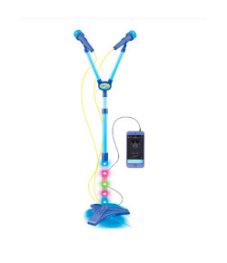 Brinquedo Microfone Infantil Duplo Pedestal com Luzes Azul 