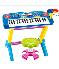 Piano Infantil C/ Banquinho e Microfone Azul