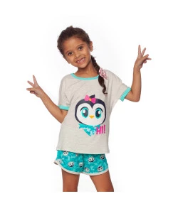 Pijama Manga Curta Feminino Puket Pinguim Verde Água JAN19 - 030401936