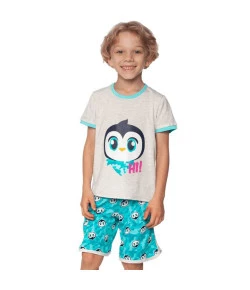 Pijama Manga Curta Kids Puket Pinguim Verde Água INV19 - 030401937