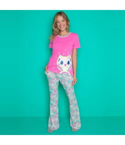 Pijama Manga Curta Puket Coruja Rosa e Cinza 
