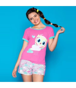 Pijama Manga Curta Adulto Puket Coruja Rosa NOV18 - 030602036