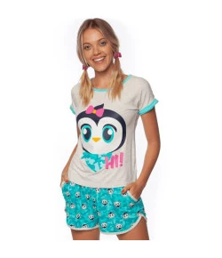 Pijama Manga Curta Adulto Puket Pinguim Verde Água INV19 - 030602090