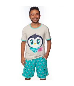 Pijama Manga Curta Adulto Masculino Puket Pinguim Verde Água JAN19 - 030602091
