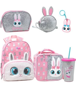 Kit Puket Mochila + Lancheira + Nécessaire + Bolsinha + Chaveiro + Copo Coelha Bailarina