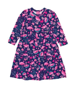 Vestido Manga Longa Momi Flamingos Felizes Rosa e Azul