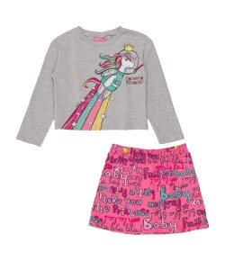 Conjunto Camiseta Manga Longa e Short Saia Unicornio Momi