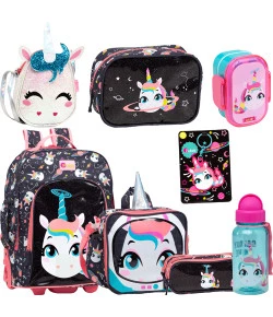 Kit Puket Unicórnio Mochilete + Lancheira + Estojo + Nécessaire + Garrafa + Bolsinha + Marmita + Chaveiro