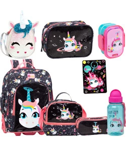 Kit Puket Unicórnio Mochilete + Lancheira + Estojo + Nécessaire + Garrafa + Bolsinha + Marmita + Chaveiro