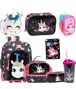Kit Puket Unicórnio Mochilete + Lancheira + Estojo + Nécessaire + Copo + Bolsinha + Marmita + Chaveiro