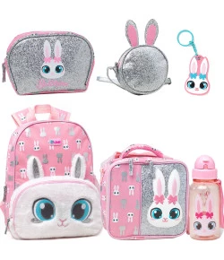 Kit Puket Mochila + Lancheira + Nécessaire + Bolsinha + Chaveiro + Garrafa Coelha Bailarina