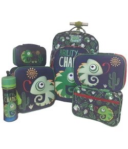 Kit Escolar Mochilete + Lancheira + Estojo + Nécessaire + Marmita + Garrafa Puket Camaleão