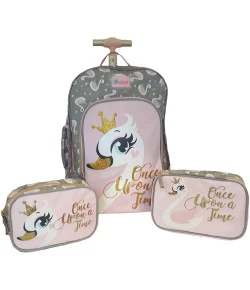 Kit Escolar Mochilete + Nécessaire + Estojo Puket Cisne Cinza Claro