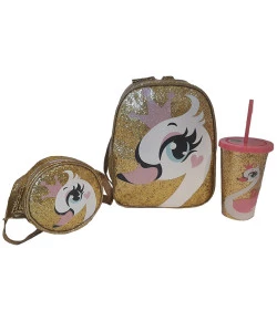 Kit Mochila Pequena + Bolsinha + Copo Puket Cisne Glitter Dourado