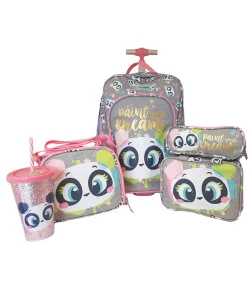 Kit Escolar Mochilete + Lancheira + Estojo Triplo + Nécessaire + Copo Puket Panda Cinza Claro
