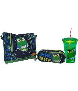 Kit Escolar Lancheira + Estojo + Copo Puket Dino Azul Marinho