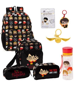 Kit Harry Potter Puket Mochila + Nécessaire + Lancheira + Estojo + Garrafa + Chaveiro + Broche + Pomo de Ouro