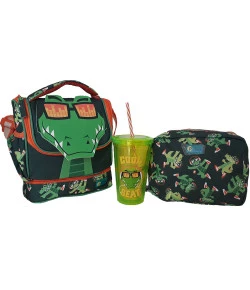 Kit Lancheira + Nécessaire + Copo Puket Jacaré Verde MA18