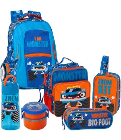 Kit Puket Monster Car Mochila + Estojo + Lancheira + Necessaire + Garrafa + Marmita