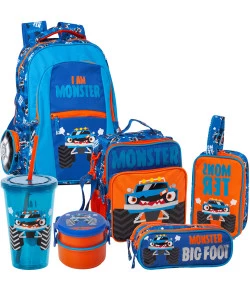 Kit Puket Monster Car Mochila + Estojo + Lancheira + Necessaire + Copo + Marmita