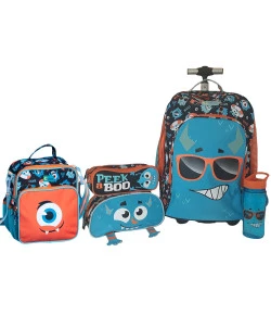 Kit Escolar Mochilete + Lancheira + Estojo + Nécessaire + Garrafa Puket Monstro