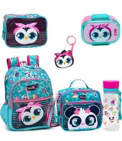 Kit Puket Mochila + Lancheira + Nécessaire + Garrafa + Chaveiro + Marmita Pinguim Patches