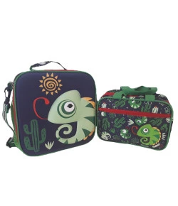 Kit Escolar Lancheira + Nécessaire Puket Camaleão Azul Marinho