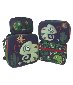Kit Escolar Lancheira + Estojo + Nécessaire + Marmita Puket Camaleão Azul Marinho