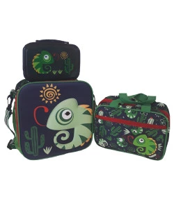Kit Escolar Lancheira + Nécessaire + Marmita Puket Camaleão Azul Marinho