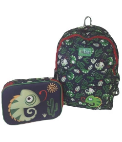 Kit Escolar Mochila + Estojo Puket Camaleão Azul Marinho