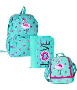 Kit Escolar Mochila + Lancheira + Fichário Puket Flamingo Poa Verde Água