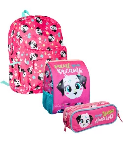 Kit Escolar Mochila + Lancheira + Estojo Puket Dálmata Rosa