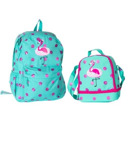 Kit Escolar Mochila + Lancheira Puket Flamingo Poa Verde Água