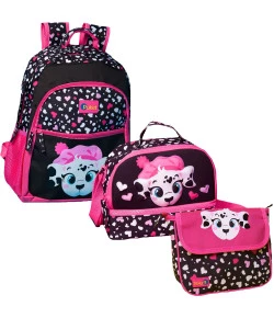 Kit Escolar Mochila + Lancheira + Nécessaire Puket Dálmata Preto MA18