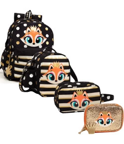 Kit Puket Mochila + Lancheira + Nécessaire + Estojo Raposa Coroa