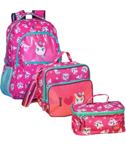 Kit Mochila + Lancheira + Nécessaire Puket Unicórnio Rosa MA18