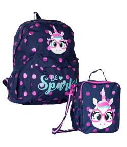 Kit Escolar Mochila + Lancheira Puket Unicórnio Poa Azul Marinho
