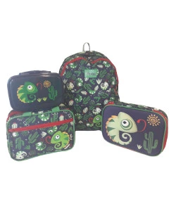 Kit Escolar Mochila + Necessaire + Estojo + Marmita Puket Camaleão Azul Marinho