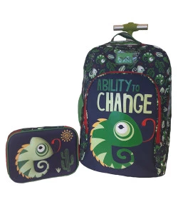 Kit Escolar Mochilete + Estojo Puket Camaleão Azul Marinho