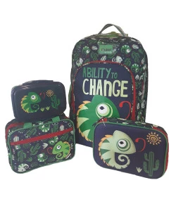 Kit Escolar Mochilete + Necessaire + Estojo + Marmita Puket Camaleão Azul Marinho