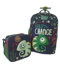 Kit Escolar Mochilete + Lancheira Puket Camaleão Azul Marinho