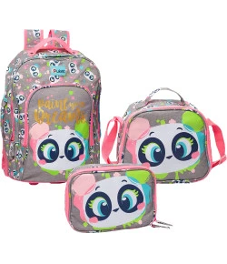Kit Mochila de Rodinhas + Lancheira + Estojo Grande Puket Panda Cinza Claro