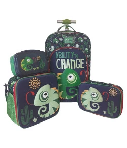 Kit Escolar Mochilete + Lancheira + Estojo + Marmita Puket Camaleão Azul Marinho