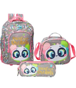 Kit Mochila de Rodinhas + Lancheira + Estojo Puket Panda Cinza Claro
