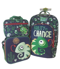 Kit Escolar Mochilete + Necessaire + Lancheira Puket Camaleão Azul Marinho