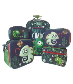 Kit Escolar Mochilete + Necessaire + Lancheira + Estojo + Marmita Puket Camaleão Azul Marinho