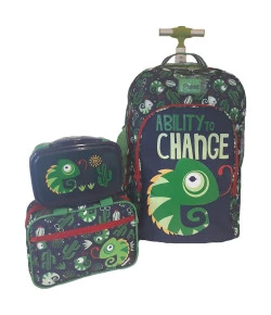 Kit Escolar Mochilete + Necessaire + Marmita Puket Camaleão Azul Marinho