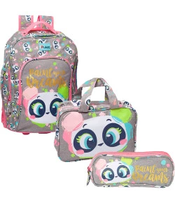Kit Mochila de Rodinhas + Nécessaire + Estojo Puket Panda Cinza Claro